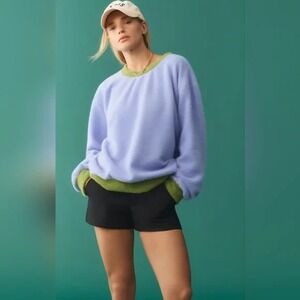 Anthropologie Maeve NWT Cozy Ringer Fuzzy Sweatshirt in Blue with Green Trim Med